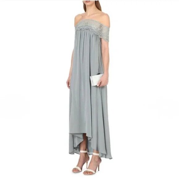 Self Portrait Bardot Lace Shouldered Maxi Dress Ice Grey Size 2 - Picture 7 of 12
